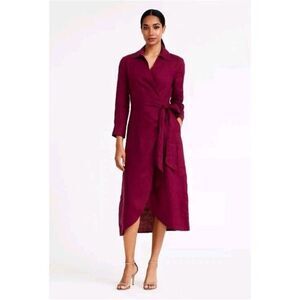 Magaschoni Red  Collared Linen Long Sleeve Midi Wrap Dress Size 6 Rich Magenta